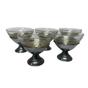 5 VTG Macbeth Evans Etched Glass Chrome Holder Ice Cream Sherbet Dessert Cups
